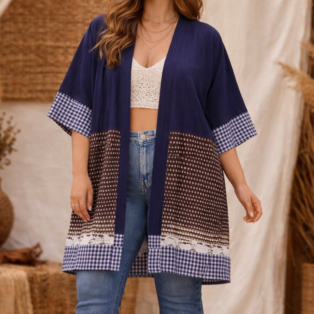 One-of-a-Kind Indigo blue & ivory print Patchwork Kimono | Blue Gingham Trim